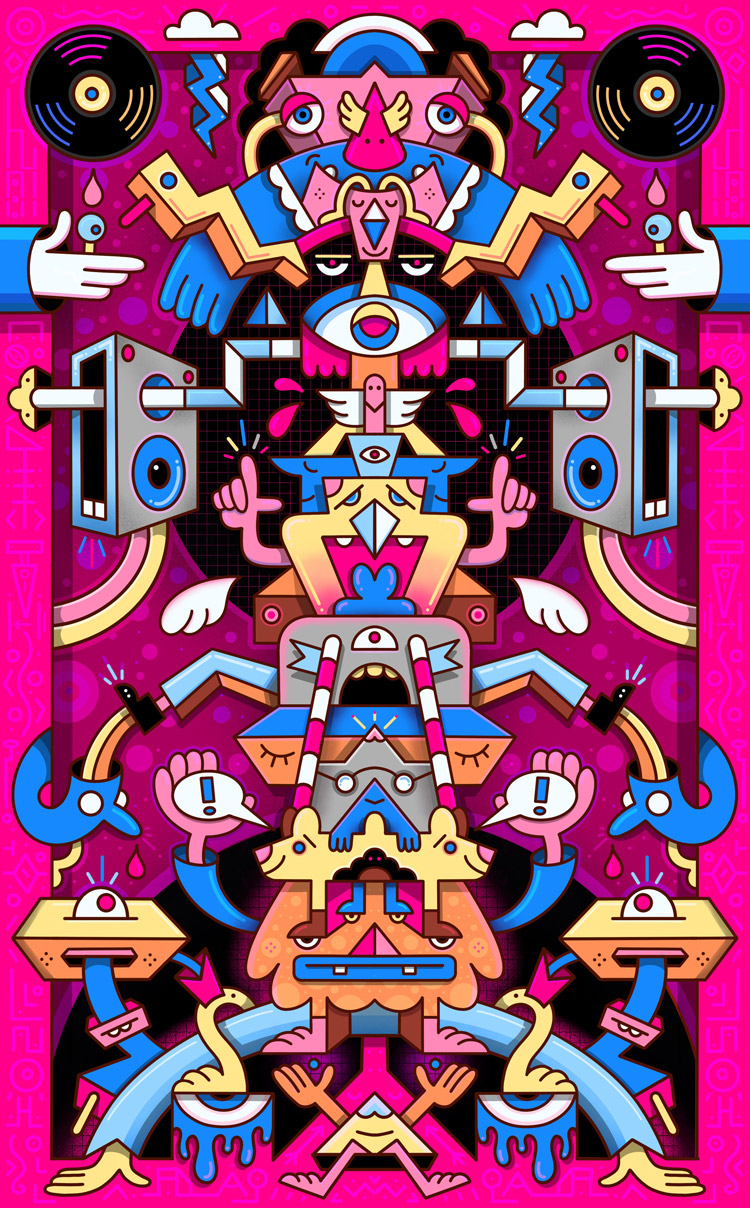 Arcadian, colourful, eighties, arcade game inspired artwork - Mister Phil Illustration