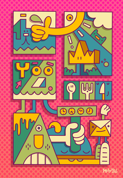 Backlog, colourful, art, green character holding sign with clocks on - Mister Phil Illustration